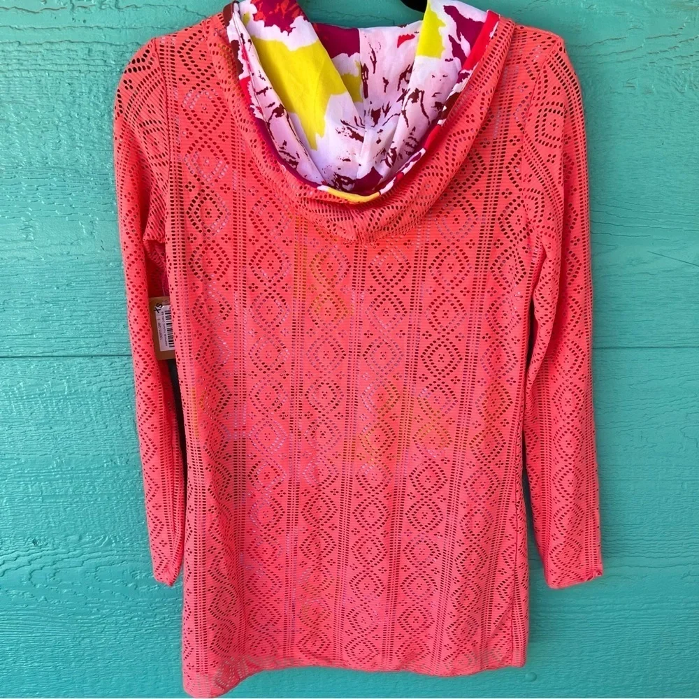 TITLE NINE MESH STRETCH OVERLAY HOODIE BEACH COVERUP TUNIC ORANGE SIZE XS NWT
